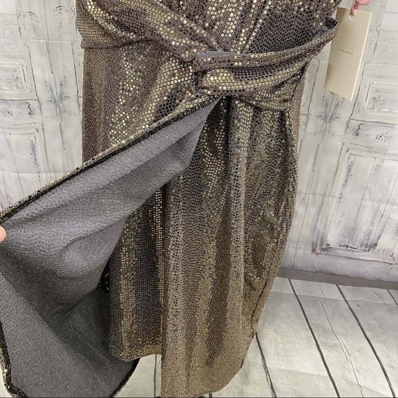 Alex Marie Dress Sequins Metallic Gold Black Sleeveless Faux Wrap Gown Formal - Picture 6 of 13